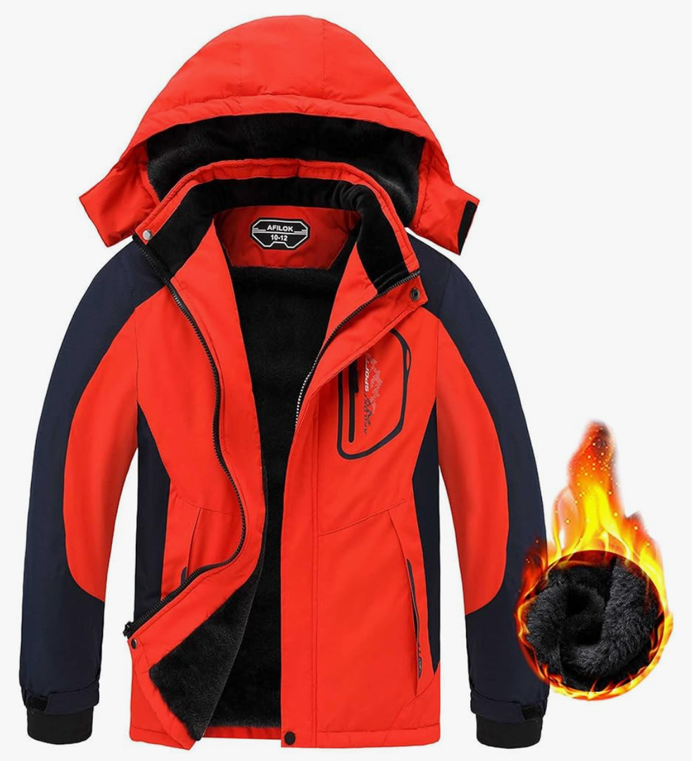 AFILOK Boy's Ski Jacket Waterproof Breathable Kids Fleece Lined Windproof Hooded Snowboard Coats Size 8