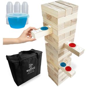 SWOOC Games - Giant Tower Party Game with Hidden Jello Shots - Includes Disposable Cups, Lids & Carrying Case - Stacks up to 5ft - Tipsy Topple Game for Adults - Giant Outdoor Games - Jumbo Bar Fun