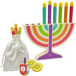 Mini Multicolor Hanukkah Menorah, 5" Inch Children Wooden Chanukah Menorah Set with Removable Wooden Candles, 3" Inch Dreidel, and Gelt Coins (Single)
