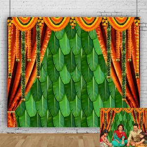 India Pooja Traditional Photography Backdrop 10x8ft Indian Puja Ganpati Mehndi Festival Photo Background Diwali Decorations for Home Green Banana Leaf Banner Wedding Party Decorations Photo Props