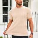 Runcati Mens Knit Short Sleeve T Shirts Casual Crewneck Slim Fit Shirt Cable Knitted Stretch Pullover Tees Beige (Beige, M)