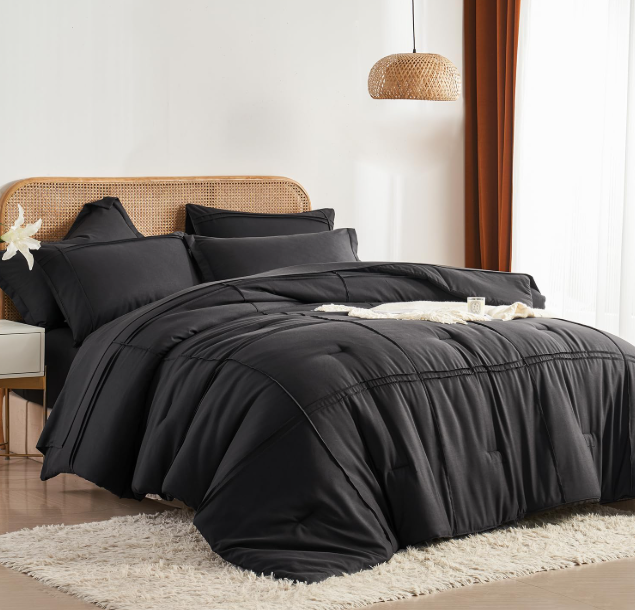 Yogeneg Twin Comforter Set 5 Piece Bed in a Bag,Grid Pinch Pleat Black Twin Bedding Set,Striped Textured Soft Microfiber Comforter with Sheet Set,All Season Complete Bed Set(Black,Twin)