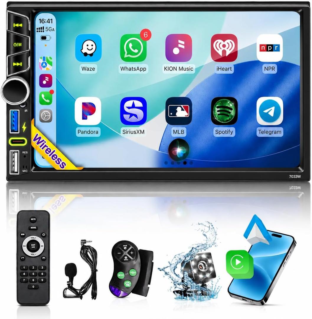 Wireless Double Din Car Stereo Apple CarPlay Android Auto,7" Touchscreen Car Radio Receivers, Bluetooth 5.2,FM AM Radio,Backup Camera,Physical Knob,SWC,Equalizer,Subwoofer,MirrorLink,USB/Type-C