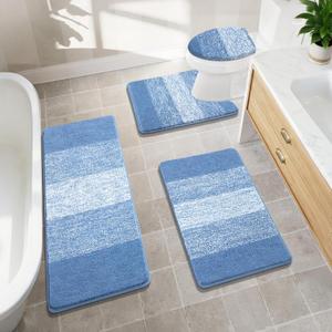 Bsmathom Bathroom Rugs Sets 4 Piece with Toilet Lid Cover, Non-Slip Bath Rugs for Bathroom, Microfiber Shaggy Absorbent Bath Rugs with U-Shaped Toilet Rug, Blue