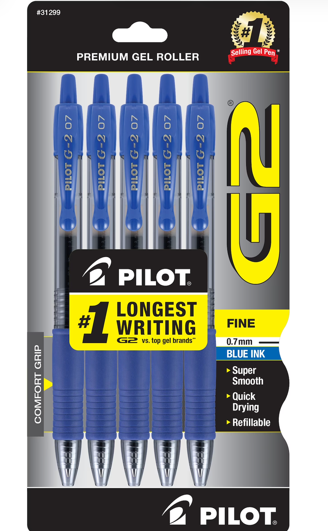 PILOT G2 Premium Refillable and Retractable Rolling Ball Gel Pens, Fine Point, Blue Ink, (Pack of 6, 30 Count Total)