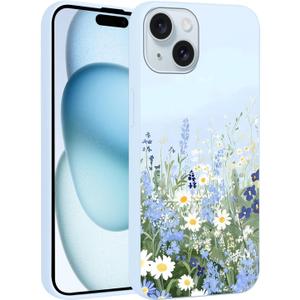 Cute Blue Flower Phone Case for iPhone 15 Case 6.1", Aesthetic Trendy Floral Wildflower Pattern Shockproof Anti-Scratch Soft Slim Flexible Silicone Blue Funda Cover for Women Girls