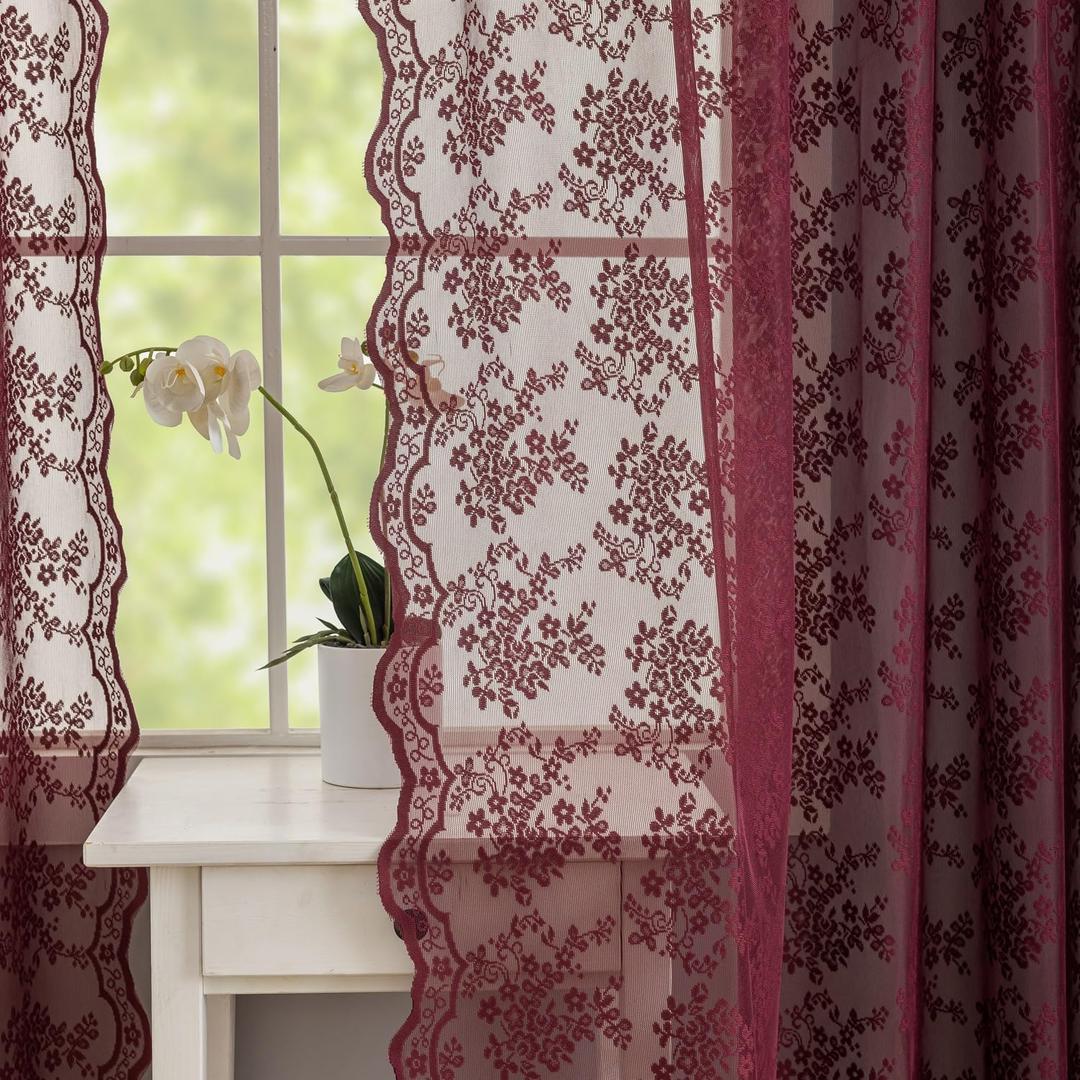 Vintage Burgundy Sheer Curtains 63 Inch Length for Dining Room Kitchen Romantic Scalloped Edges Lace Window Treatment Light Filtering Wine Tulle Curtain for Bedroom 52"W x 63"L Dark Burgundy Wine