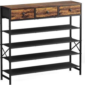Shoe Rack, 5 Tier Shoe Organizer with 3 Drawers, Metal Shoe Storage for 24-30 Pairs of Shoes with Fabric Shelves and Wooden Top, Narrow Shoe Shelf for Closet Entryway, 5 Tier(41.3 × 10.8 × 37.8), Rustic Brown