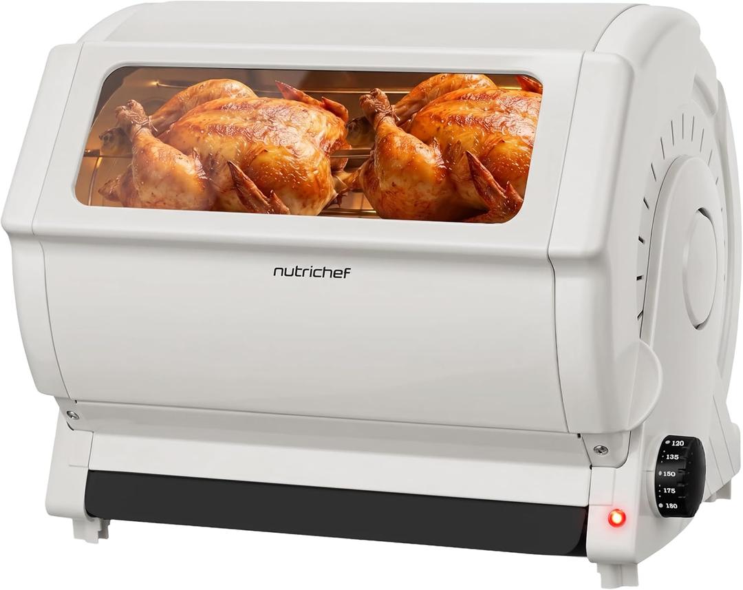 NutriChef Horizontal Rotating Shawarma Oven | Rotisserie, Shawarma & Kebab Machine | Includes Large 22.4 Quart Capacity, 3-Hour Timer & 6 Kebab Skewers | Ideal for Chicken,Turkey & Lamb | White, 22.4 QT