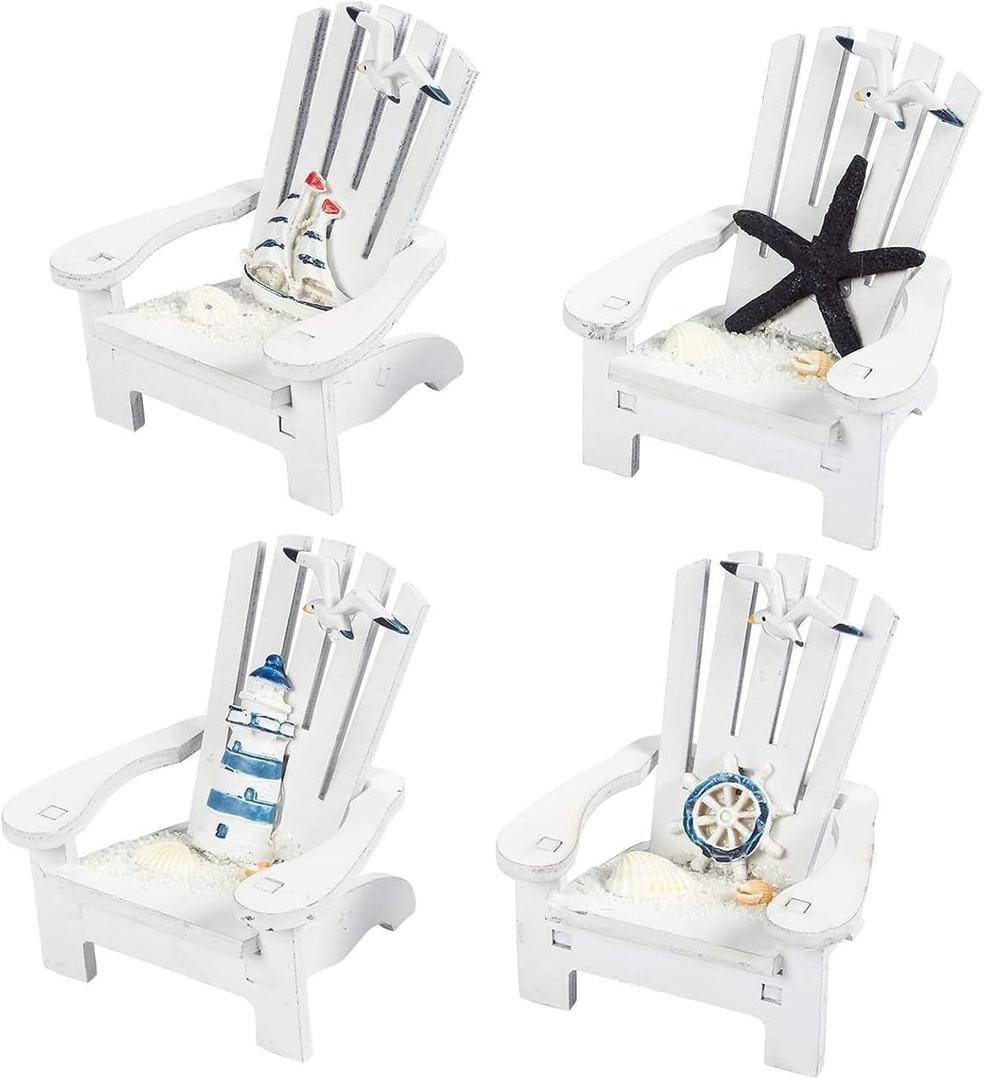 Juvale Set of 4 Mini Beach Chairs - Nautical Bathroom Accent & Beach Decor - Centerpiece for Coastal Decor - Dollhouse Accents & Ocean Wall Art - 3.75 x 3.75 x 4 in, Multicolor, Wood