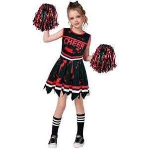 Rayekrot Cheerleader Costume for Girls Halloween Cosplay Scary Bloody Cheerleader Dress Up for Halloween Party 2Xl