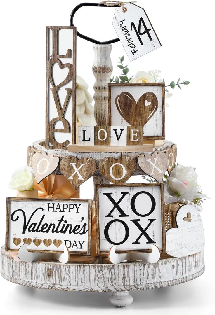 Jetec Jetec 12 Pcs Valentine's Day Tiered Tray Decor Set Neutral Heart Wooden Sign Vintage Rustic Farmhouse Decor Love Tiered Tray Decorative Signs for Valentine's Day Table Holiday