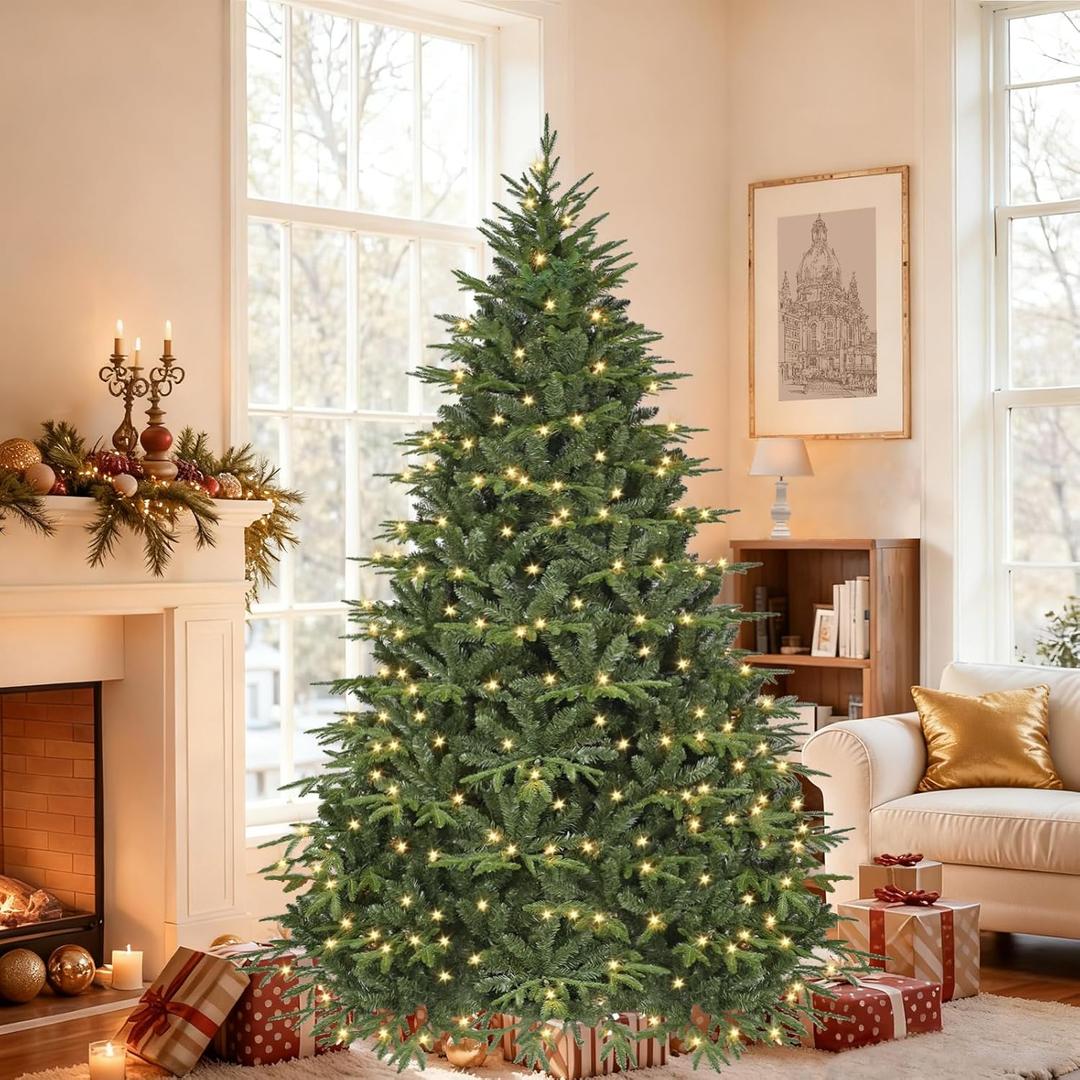 Prelit Artificial Full Christmas Tree 6FT with 2056 PE PVC Tips, Premium Pre-Lit Holiday Xmas Tree with 400 UL Incandescent Lights, Metal Hinges & Foldable Base for Home Office Party, Green