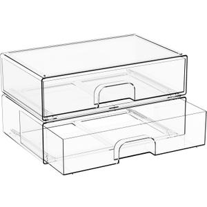 2 Pack Acrylic Drawer Organizer,12.2''W Clear Stackable Storage Drawers,Acrylic Boxes for Storage Makeup Palettes,Cosmetics,Pull Out Bathroom Storage Bins for Hair Products,Medicine Cabinet Organizer