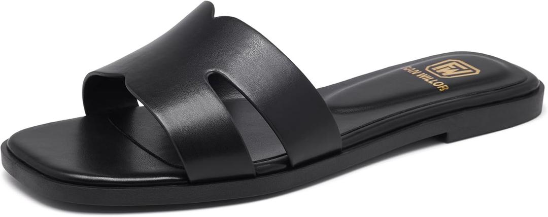 Women's Flat Sandals Dressy Comfortable Slide Sandals Fashion Square Open Toe Slip On Beach Sandals for Summer (8, Black)