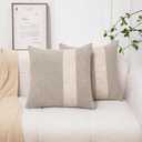 Pack of 2 Oatmeal Boucle Decorative Pillow Cover with Faux Leather Modern Accent Pillow Case 20 x 20 Inch Textured Stripe Cushion Covers for Chair Sofa Bedroom Living Room Home Decor