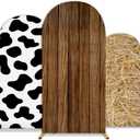 3Pcs Western Cowboy Arch Backdrop Cover 4ft 5ft 6ft Rustic Wood Cow Print Spandex Fitted Round Top Arch Stand Covers Farm Cowboy Background for Birthday Party Baby Shower Wedding Banquet Decoration