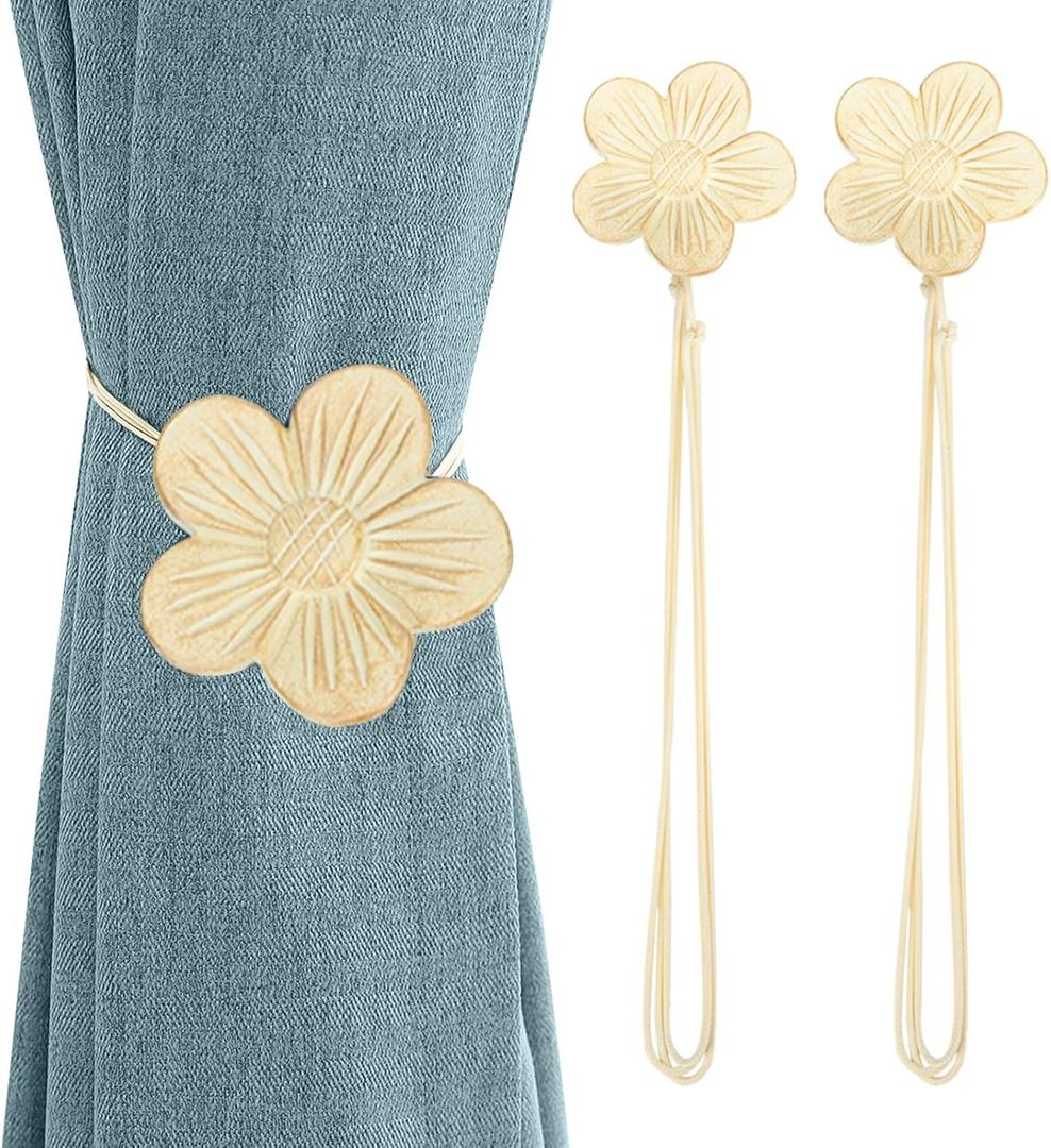 Lewondr Vintage Magnetic Curtain Tieback, 1 Pair Resin Flower Curtain Drapery Holdback Window Curtain Decorative Buckle Holder for Home Cafe Balcony, Light Gold (2 Pieces)
