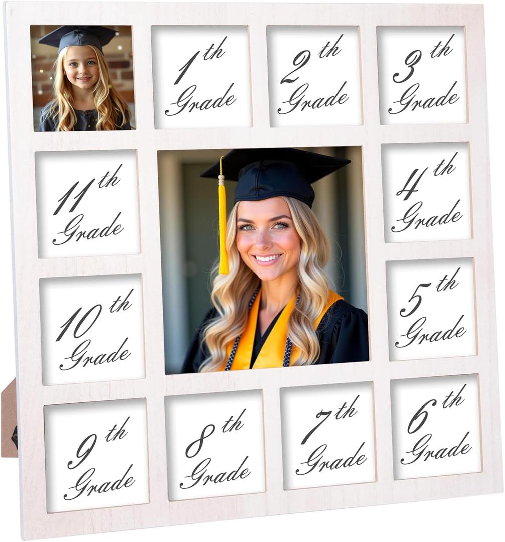 Graduation Decorations Class of 2025 School Year Picture Frame K-12 Collage Photo Graduation White Picture Frames for Wall Hanging and Table Top Display 13 Openings White k-12 Kindergarten to 12th Grade High 4x4 8x8
