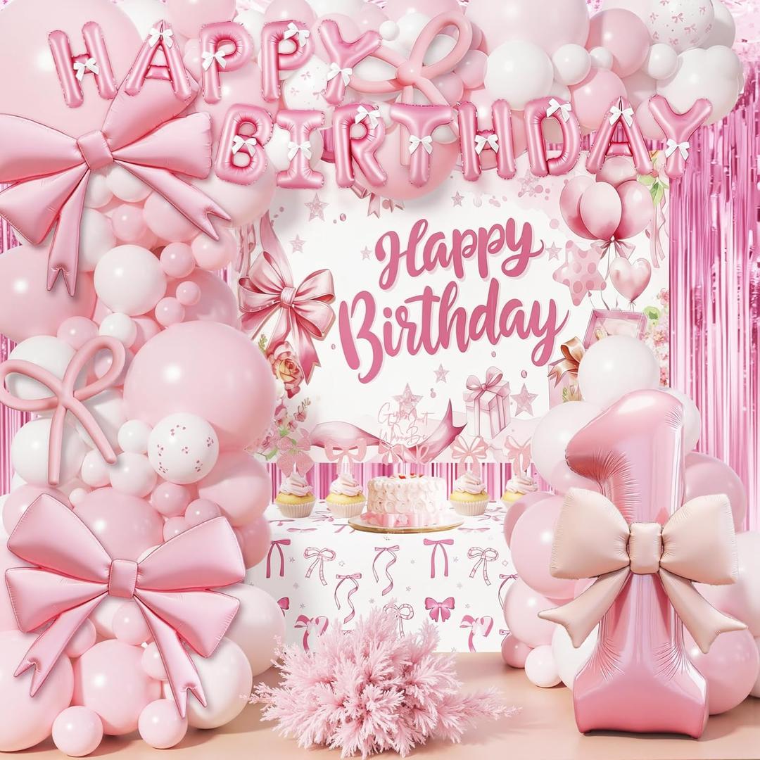 121Pcs Girls Just Wanna Be One Birthday Decorations Coquette Pink Bow 1st Theme Party Supplies 2 Tinsel Polyester Backdrop Balloon Arch Kit Cake Toppers Tablecloth