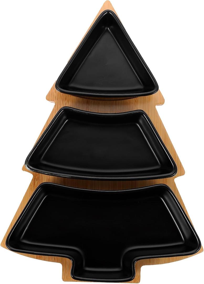 DOITOOL Christmas Tree Shaped Platter Snack Appetizer Trays Ceramic Christmas Serving Tray, 3 Compartment Food Serving Platter Wooden Base for Holiday Party Supplies (26.4X19X4.2CM, Black)