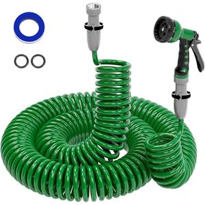 SPECILITE 3/8" Lightweight Coil Garden Hose 100FT, EVA Flexible Curly Water Pipes with 6-Pattern Spray Nozzle for Boat, Greenhouse, Yard, Patio, Green