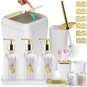 17PCS Bathroom Accessories Set, White Bathroom Set Bathroom Accessories Set with Trash Can, Toilet Brush, Toothbrush Holder, Qtip Holder & 3PCS Soap Dispenser
