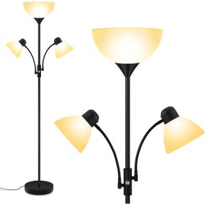 Floor Lamp, Torchiere Floor Lamps for Living Room, 71 Inch Tall Standing Lamp, Bedroom Lamps with Reading Light, Rotary Switch, 3 Plastic Lampshade, Torch Floor lamps for Bedroom (Black, No Bulb)