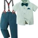 DISAUR Baby Boy Clothes Suits Toddler Dress Shirt With Bowtie Suspender Pants Outfit Sets Gentleman Wedding 1-6 Years (Green 2), 4-5T