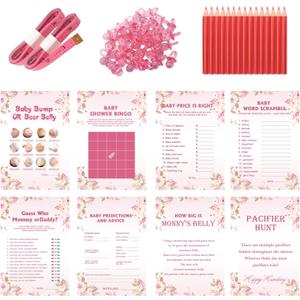 Baby Shower Games for Girl or Boy -240PCS 8Games, Bingo Cards for Guests, Baby Shower Word Scramble etc, Pink