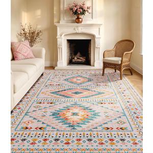 YIHOUSE Pink Tribal Rugs for Living Room, Washable 8x10 Area Rug, Non-Slip Boho Large Rug for Bedroom, Dining Room, Nursery (Pink/Blue)