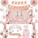 11th Birthday Decorations for Girls,32PCS 11th Birthday Party Decorations,Including Backdrop, Crown, Sash, banner, Hanging Swirl,Cake Topper,balloons, Anniversary Card and Paper Fans