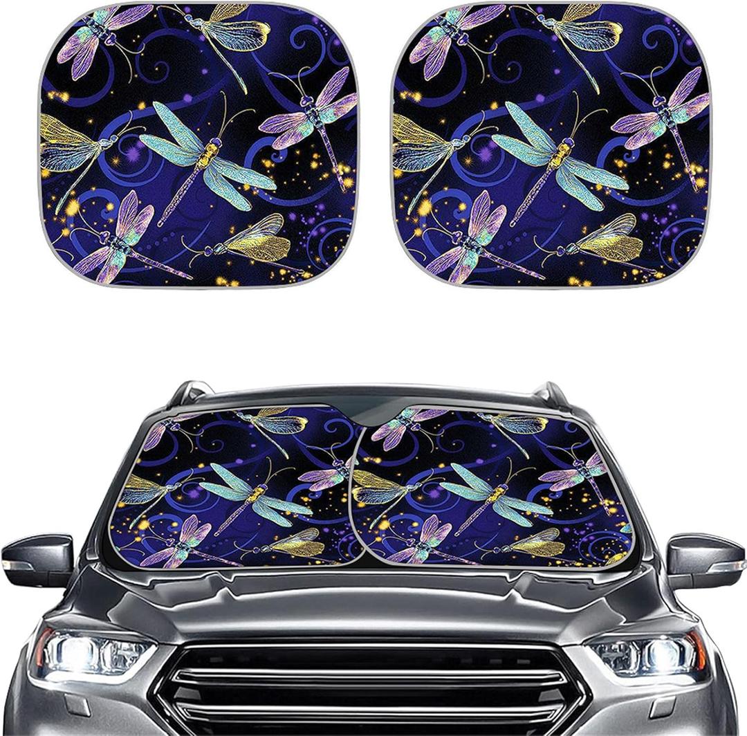 Renewold Dragonfly Stylish Windshield Sunshade Foldable 2-Piece Car Front Window Sunshade Blocks UV Rays Sun Visor, Titanium Silver Fabric Material, Universal Size