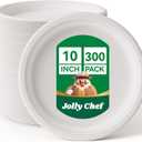 JOLLY CHEF Compostable Heavy Duty Plates [ ] Eco-Friendly Disposable White Uncoated Paper Plates Bagasse Sugarcane Biodegradable for Hot Cold Food Party Dinner Weddings, 300 Count