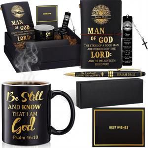 Shellwei 6 Pcs Christian Gift for Men Pastor 11 oz Mugs Leather Bible Notebook Pen Metal Bookmark Greeting Card Box Religious Gifts for for Sunday Pastors Birthday Church(Man of God,Black)