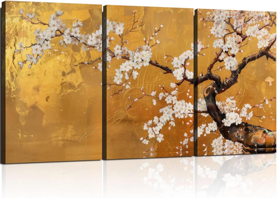 3 Pcs Framed Japanese Golden Plum Blossom Flower Wall Art Decor Canvas Print Picture Traditional Woodblock Print Style Farmhouse Poster Gallery Bedroom Living Room Office 16x24 Inch Ready to Hang