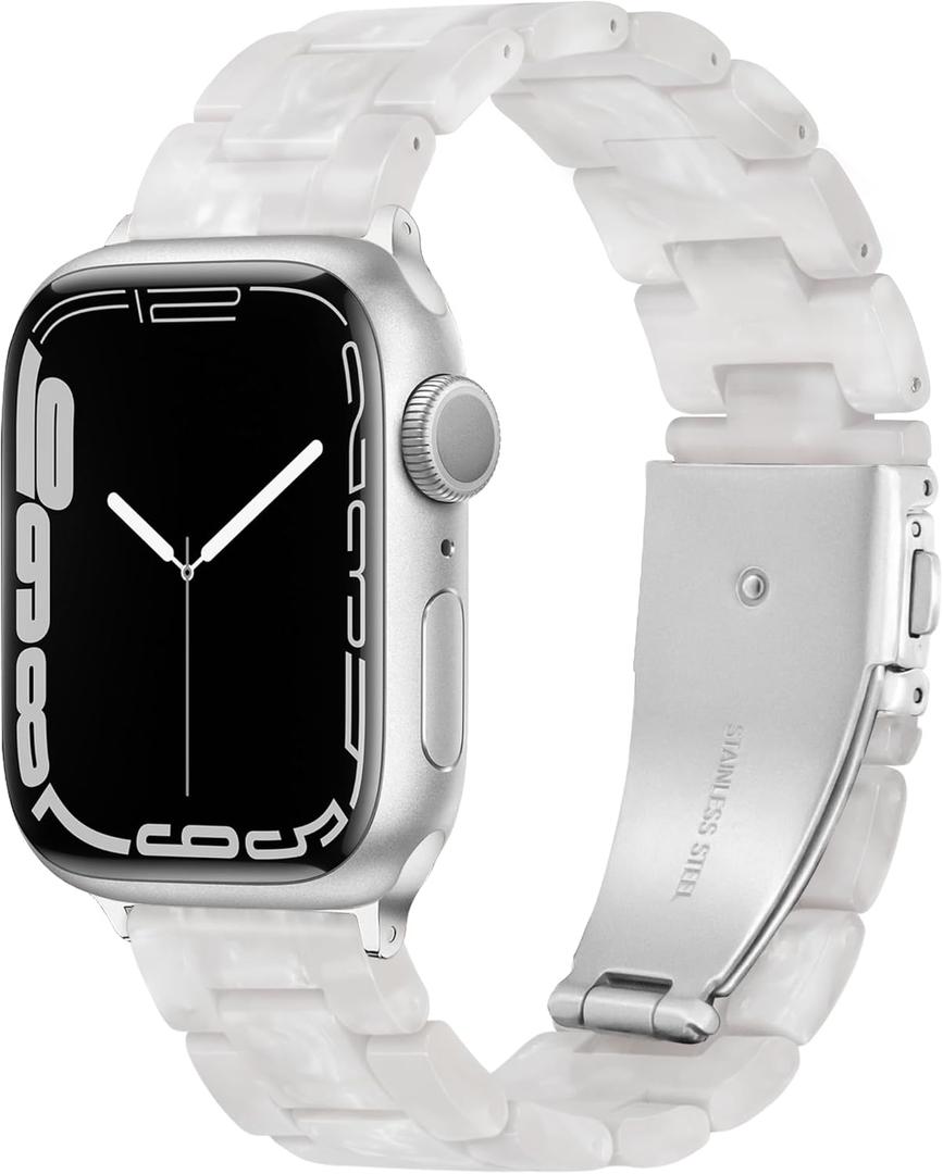 Lightweight Resin Band For Apple Watch Series 11 10 9 8 7 6 5 4 3 2 1 SE 3 2 Ultra 3 2, Fashion Adjustable Replacement Strap for iWatch Bands 38mm 40mm 41mm 42mm 44mm 45mm 46mm 49mm for Women Men (Pearl White for Silver)