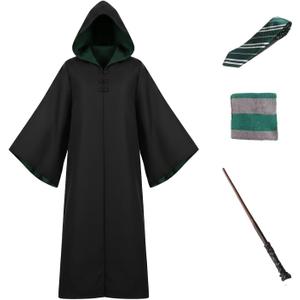 OYYJIG Magician Robe for Adult Teens, Wizard School Costume for Men Women,Four Magic College Styles Cloak Witch Hooded Cape (Small, Green)