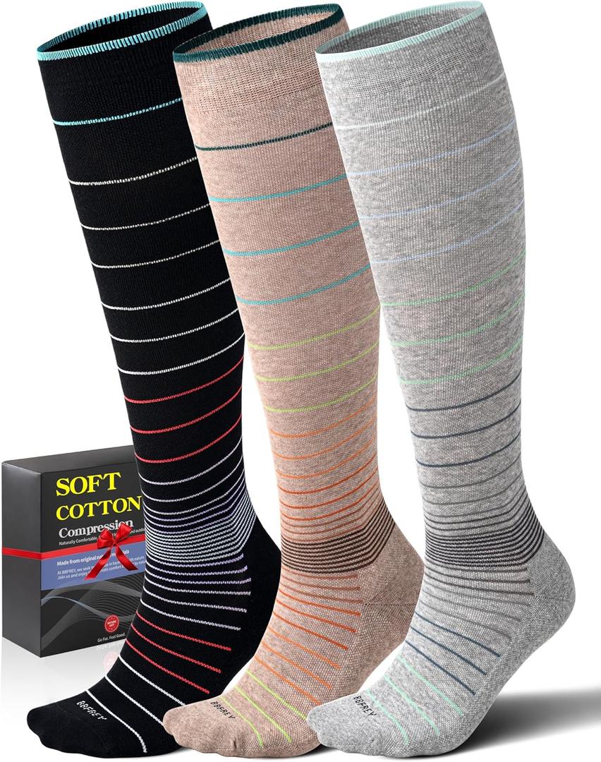 Soft Cotton Compression Socks for Women Men 20-30mmHg - Knee High Support for Circulation, Nurses, Pregnancy, Travel (Small-Medium, 3 Pairs - Cute Stripes)