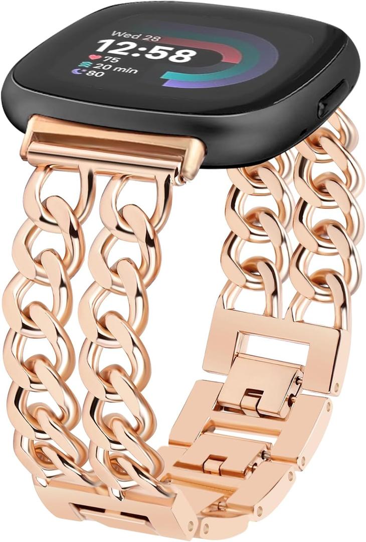 JR.DM Gold Watch Bands for Women Compatible with Fitbit Versa 4/Versa 3/Fitbit Sense 2/Sense Band Adjustable Metal Strap Cowboy Steel Chain Bracelet