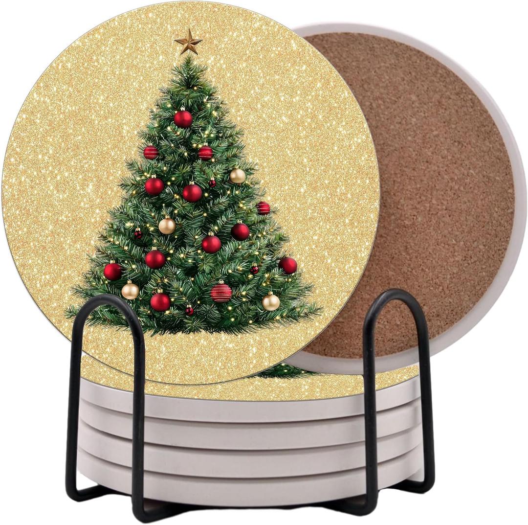 Christmas Tree Gold Holiday Season Round Coasters Set of 6 - Absorbent Ceramic Coasters with Metal Stand for Decoration Xmas Decoration Decor (Christmas Tree 2)
