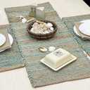 Chardin home Natural Jute Table Runner 13x36 Inch  Vintage Boho Rustic Table Decor  Handwoven Table Runner in Natural Jute and Aqua Turquoise  Farmhouse Dining or Console Table Accent