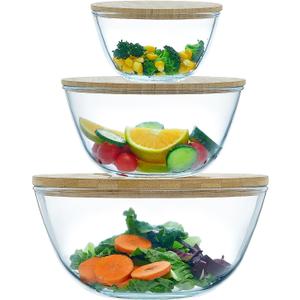 Glass Mixing Bowls Glass Salad Bowls with Bamboo Lids & Utensils Set of 3, Large Capacity Serving Bowl, 3pc Nesting Containers with Wood Lids, Microwave Safe Baking Bowls for Kitchen, Extra Large
