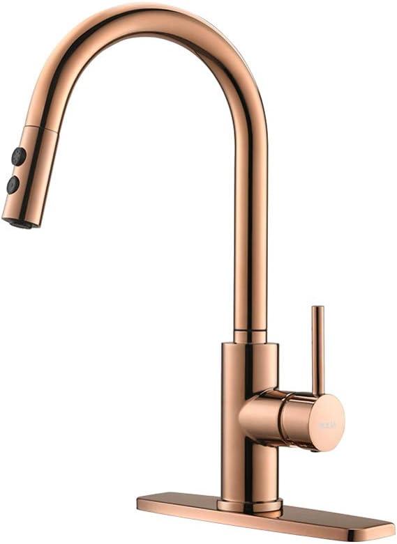 RULIA Grifo de fregadero de cocina Pulverizador desplegable de una sola manija, cobre oro rosa, grifo de bar/preparacin, RB1025