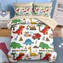 Nesker Dinosaur Comforter Set Twin Size, 5 Pieces Bed in a Bag, Dinosaur Cartoon Bedding Set for Boys, Construction Truck Excavator Comforter Set with 1 Pillowcase & 1 Sham