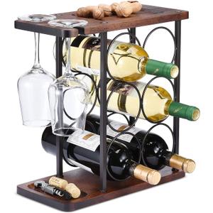 ALLCENER Wine Rack with Glass Holder, Countertop Wine Rack, Wooden Wine Holder with Tray, Perfect for Home Decor & Kitchen Storage Rack etc (Hold 6 Bottles and 2 Glasses)