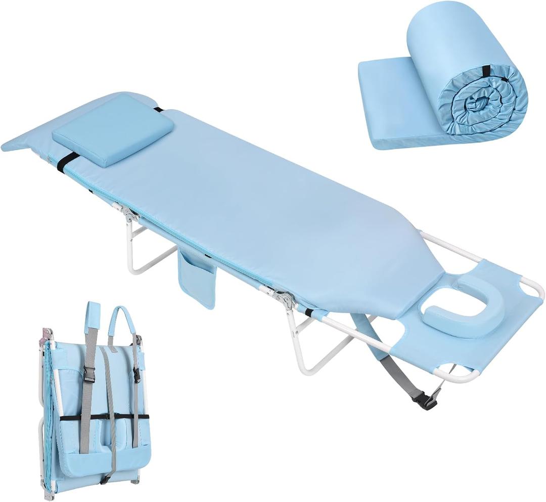 3 in 1 Women Comfort Backpack Tanning Beach Chair with Face Hole & Cushion | Portable Folding Lounge Sun Chair for Adults Outside Reading Sunbathing Poolside Camping | Reclining 6 Position | Blue