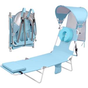 Backpack Beach Tanning Lounge Chair with Canopy Shade Face Hole Padded Adjustable Washable, 6 Position Layout Chair for Outside Sunbathing Poolside Lawn, UPF 50+ Wind-Resistant Sun Shade, Patented, 5' 9.3" x 1' 7.75" x 0' 9.5"