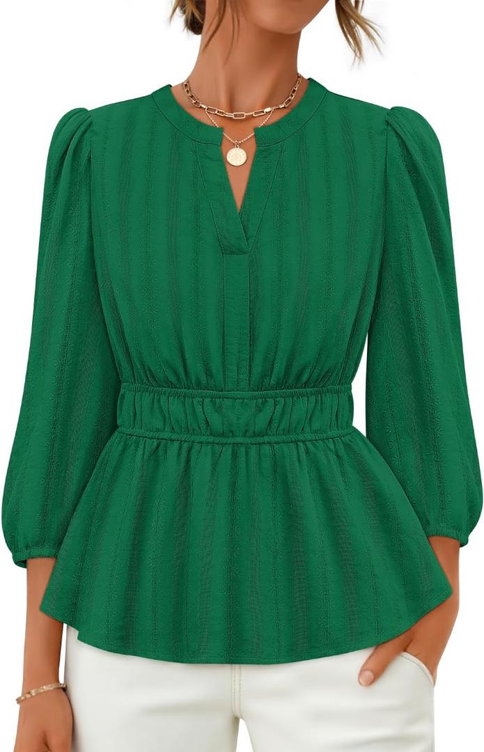 ZESICA Women's 2026 Fall Babydoll Peplum Tops V Neck Puff 3/4 Length Sleeve Shirts Dressy Casual Blouses (Green, S)