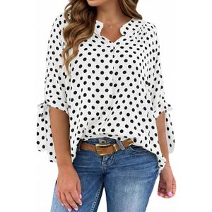 Cicy Bell Womens Polka Dot Half Sleeve Pleated Top Button Down Tunic Blouse | Summer Casual Shirts, Loose Fit, V Neck, Bow Tie Cuff, Dressy, Trendy, Cute (White, M)